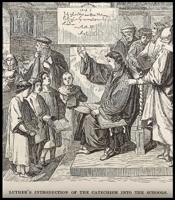 An illustration of Martin Luther teaching Catechism in school
