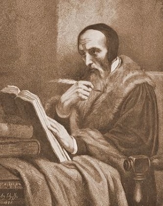 Photo of John Calvin, old and seated with a book and pen.